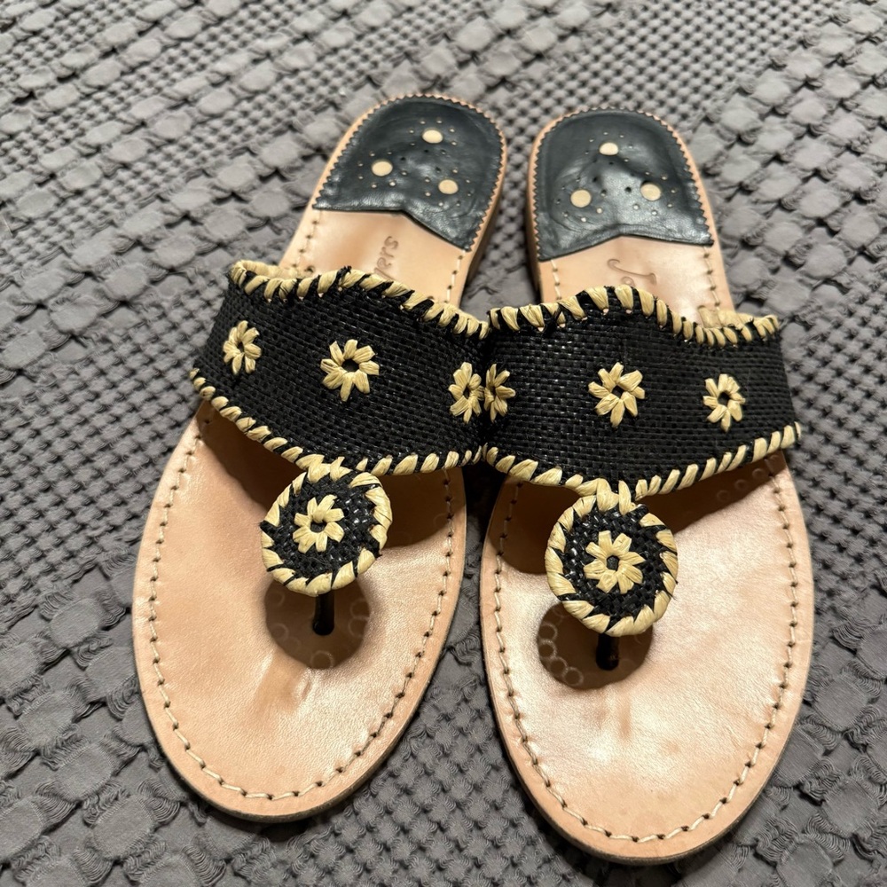 Jack Rogers Black and Tan Embroidered Sandals